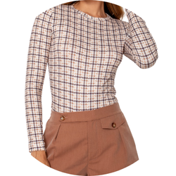 01 blusa feminina termica decote redondo pied de poule marrom