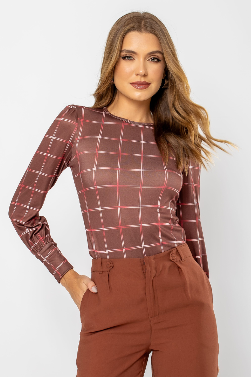 06 blusa feminina termica manga franzida xadrez marrom