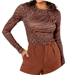05 blusa feminina termica decote redondo animal print marrom