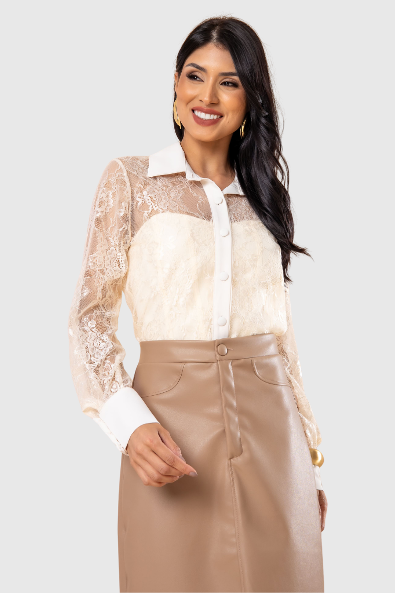 01 camisa feminina renda com regata creme