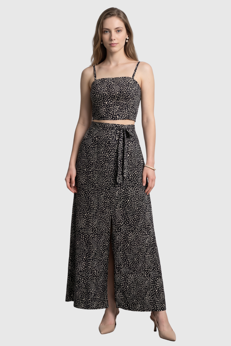 01 conjunto feminino cropped com saia longa poa preto
