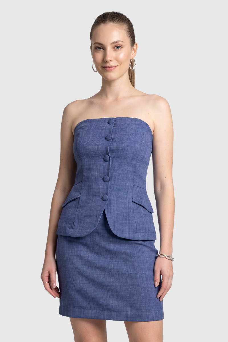 01 conjunto feminino tomara que caia com saia curta azul indigo