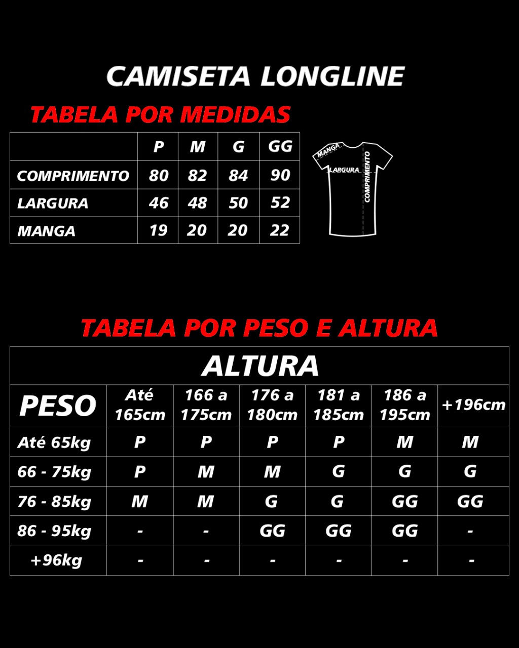 tabela de medidas camiseta longline