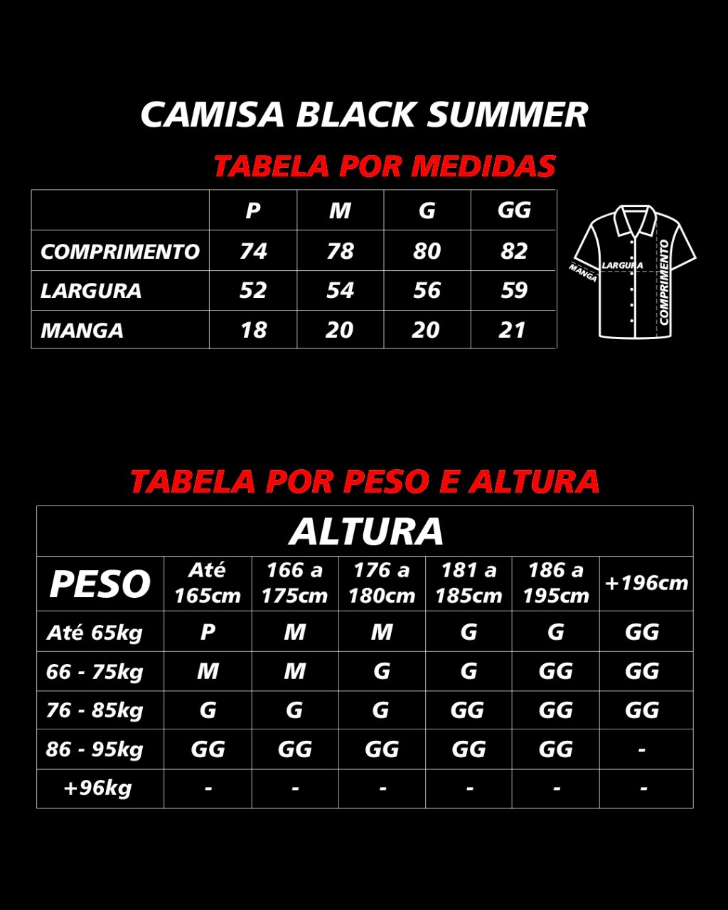 tabela de medida camisa black summer