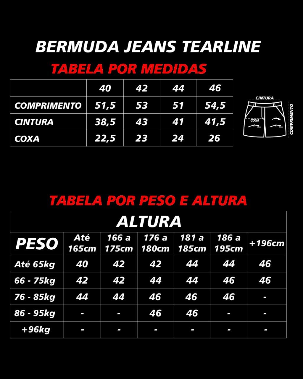 tabela de medida bermuda jeans tearline
