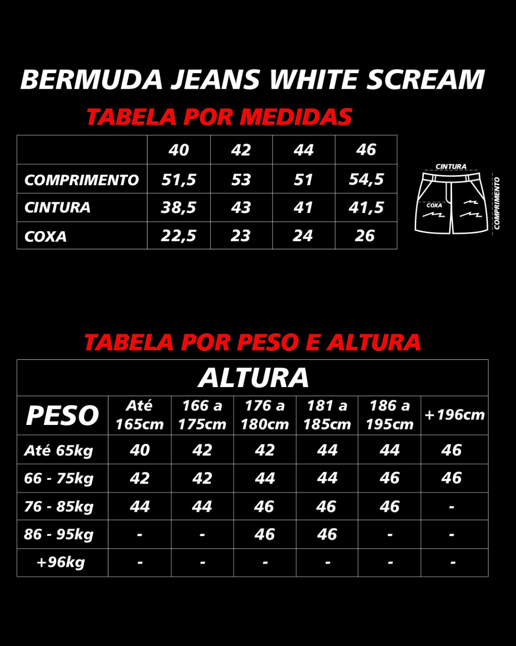 tabela de medida bermuda jeans whitescream