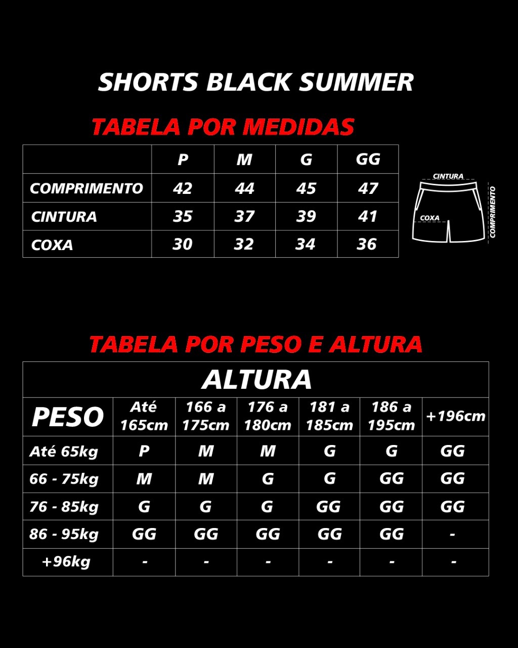 tabela de medida short black summer