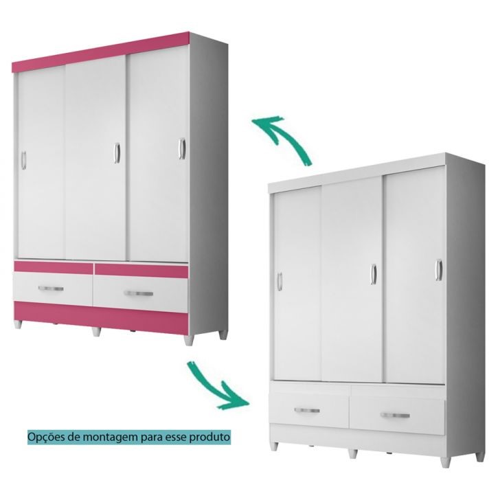 guarda roupa 3 portas deslizantes 2 gavetas new suecia moval rosa branco flex