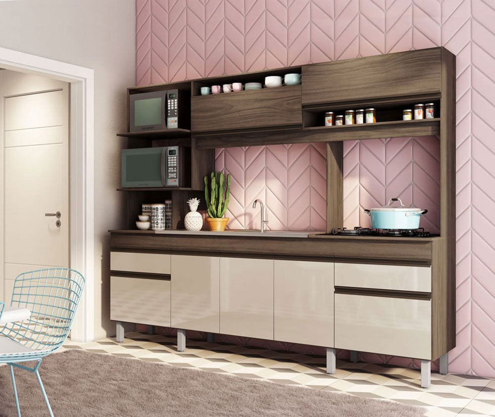 cozinha 3 portas 2 basculantes 4 gavetas 2400 splendore chocolate areia