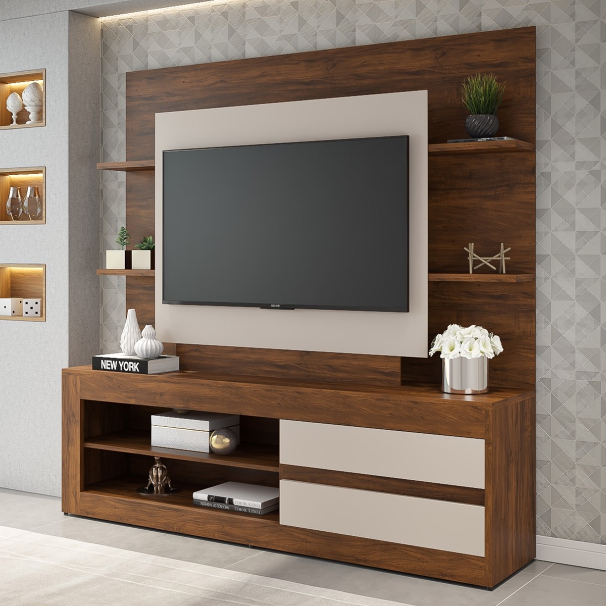 estante home para tv ate 55 polegadas exclusive viero imbuia off white capa