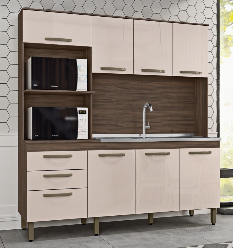 cozinha compacta 7 portas 3 gavetas new jully dacheri nogal baunilha
