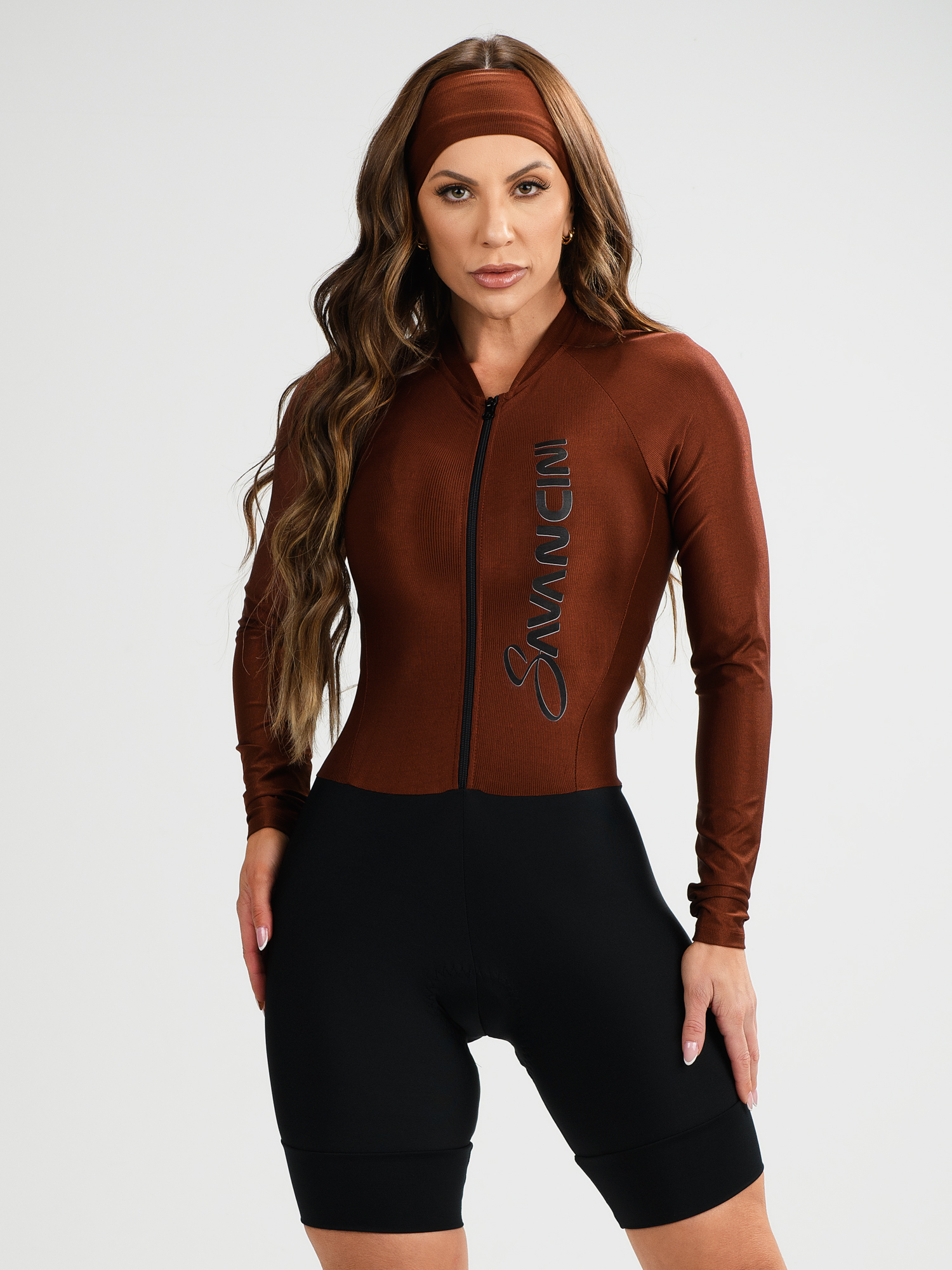 macaquinho ciclismo feminino manga longa black star marrom savancini stb460 2